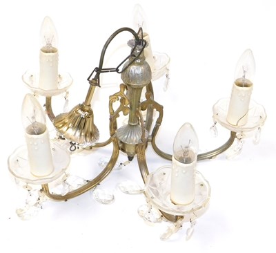Lot 67 - A 20thC brass five branch ceiling light, with...