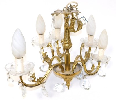 Lot 67 - A 20thC brass five branch ceiling light, with...