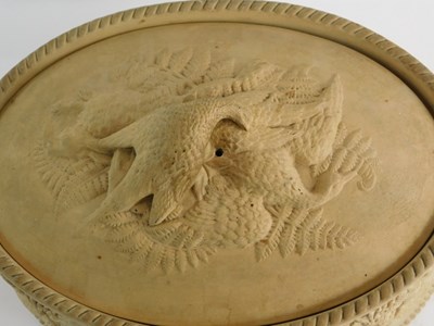 Lot 108 - A 19thC caneware oval game pie dish and cover,...