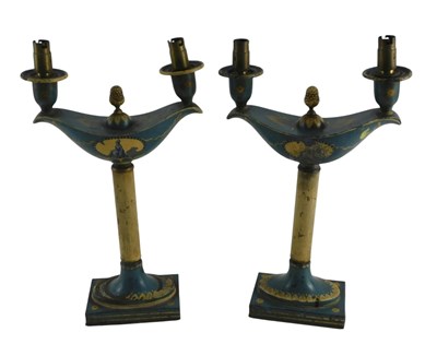 Lot 192 - A pair of toleware table lamps, each decorated...