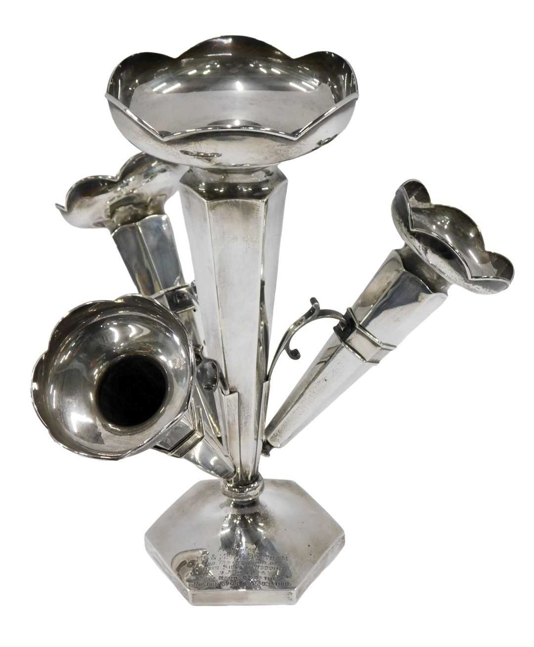 Lot 16 - A George V silver epergne, with central vase,...