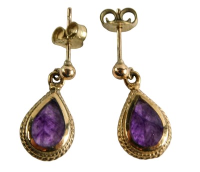 Lot 350 - A pair of 9ct gold and blue john teardrop...