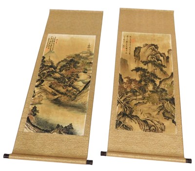 Lot 65 - A pair of Chinese landscape scrolls, manner of...