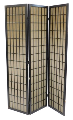Lot 560 - A 20thC black ash three fold screen, each...