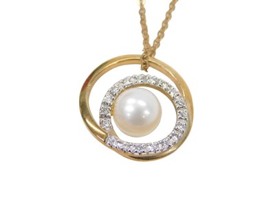 Lot 292 - A 9ct gold pearl and diamond pendant and chain,...