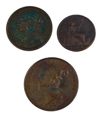 Lot 602 - Three Victorian pennies, comprising 1853 and...