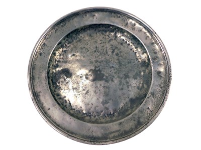 Lot 197 - An 18thC pewter charger, initialled MIE,...