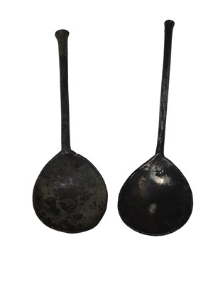 Lot 280 - Two 17thC pewter latten spoons, 17cm and 18cm...