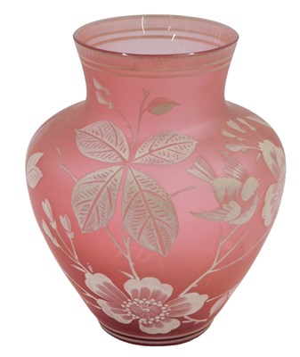 Lot 365 - A Victorian frosted cranberry glass vase,...