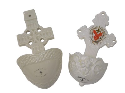Lot 609 - A Belleek porcelain Celtic Cross Holy Water...