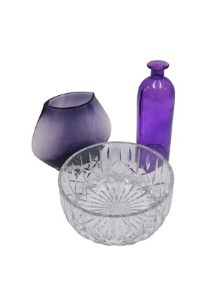 Lot 309a - A purple tinted glass vase, a purple bottle...