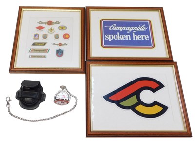 Lot 73 - Framed Campagnolo and Cinelli transfers, and a...