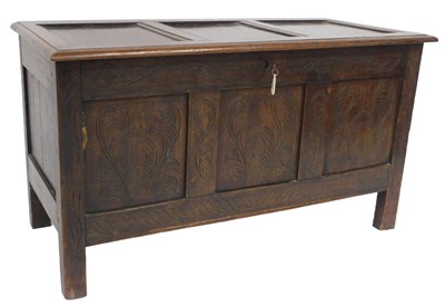 Lot 50 - A 19thC oak coffer in the 17thC style, with a...