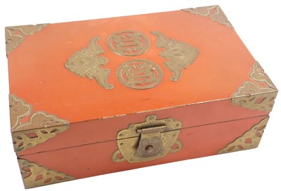 Lot 250 - An early 20thC Chinese red lacquer and brass...