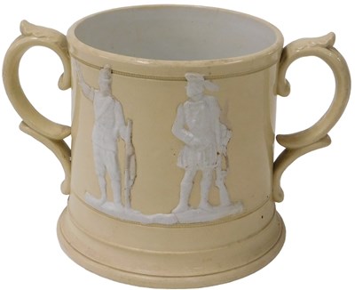 Lot 383 - A mid-19thC Staffordshire pottery loving cup,...