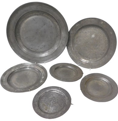 Lot 374 - Six 18thC and later pewter chargers and plates,...
