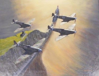 Lot 78 - Swallow (20thC). Spitfires over the coast, oil...