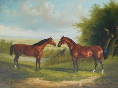 Lot 92 - 20thC School. Two chestnut horses in landscape,...