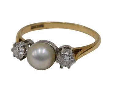 Lot 13 - A pearl and diamond three-stone dress ring,...