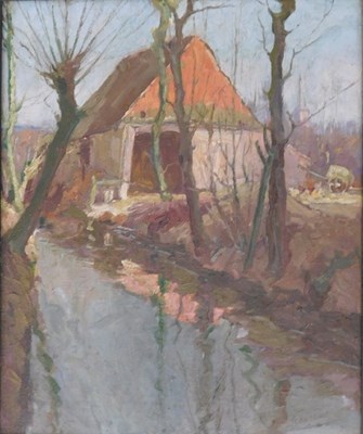Lot 120 - Termeus. River scene with farmstead, oil on...
