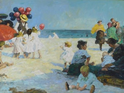 Lot 147 - 20thC School. Seaside beach scene, oil on...