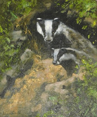 Lot 156 - Mick Cawston (1959-2006). Badgers, oil on...