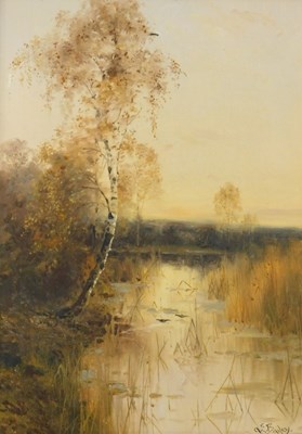 Lot 175 - Albert E Bailey (1867-1905). Woodland river,...