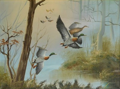 Lot 218 - 20thC British School. Ducks over water, oil on...