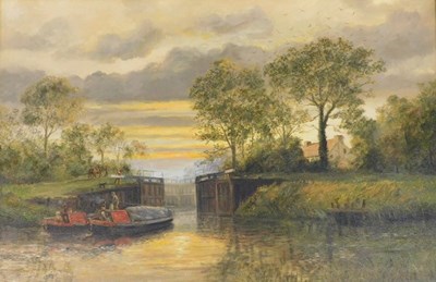 Lot 107 - Philip Kilner (20thC). Canal boats at the lock,...