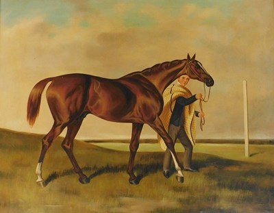 Lot 109 - 20thC School. Racehorse with groom, oil on...
