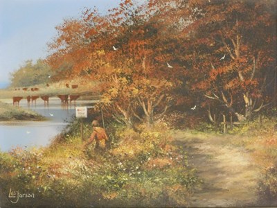 Lot 190 - Les Parson (b.1945). Fishing by the river, oil...