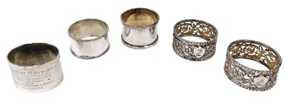Lot 267 - Various silver napkin rings, pierced examples,...