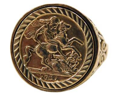 Lot 64 - A 9ct gold St George signet ring, 2.9g all in.