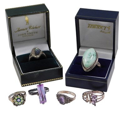 Lot 362 - Six silver dress rings, comprising Millefiori...