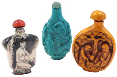 Lot 415 - Three various snuff bottles, turquoise example,...