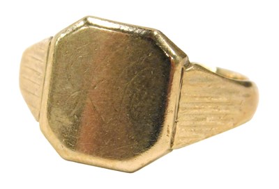 Lot 668 - A 9ct gold signet ring, the octagonal panel...