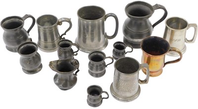 Lot 564 - Various pewter, mugs, 19thC bellied French...
