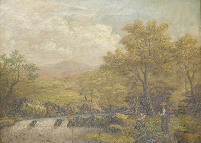 Lot 724 - 20thC School. Two fishermen by river, oil on...