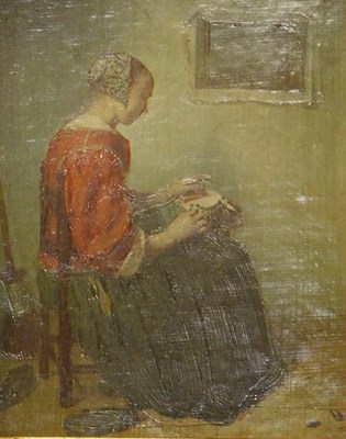 Lot 732 - 20thC School. Figure of a lady sewing,...