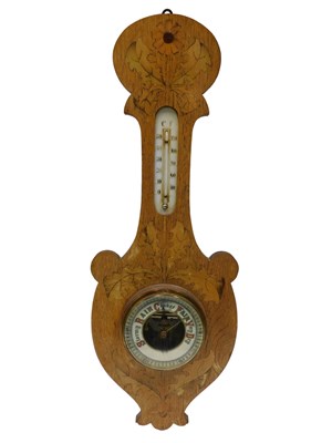 Lot 771 - An early 20thC oak and marquetry aneroid...