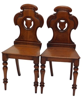 Lot 822 - A pair of late 19thC oak hall chairs, with...