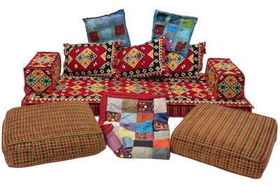 Lot 875 - Various Moroccan cushions, patchwork quilt,...