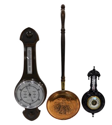 Lot 1084 - A 20thC oak stained barometer and thermometer,...