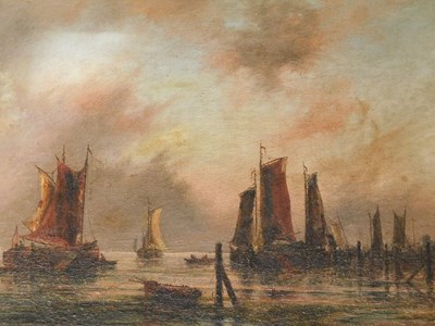 Lot 131 - R Hains (19thC). Ships drying sails, oil on...