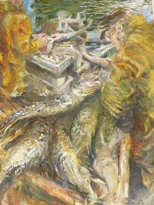 Lot 135 - Mike Helmy (20thC). Gathering fish on a...