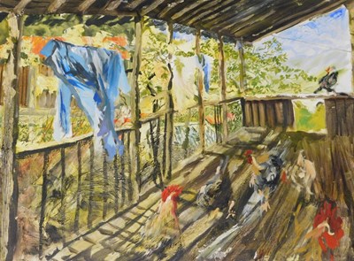 Lot 210 - Mike Helmy (20thC). Chickens on a veranda with...