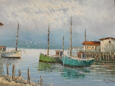 Lot 247 - W Jones (20thC). Harbour scene, boats entering...