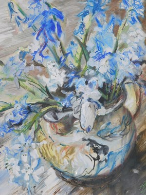 Lot 266 - Mike Helmy (20thC). Blue flowers in a jug, oil...