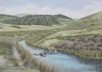 Lot 281 - Matt Cumming (20thC). Calm river landscape,...