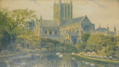 Lot 306 - 19thC School. Wells Cathedral, swans in the...